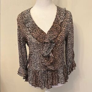Belissimo Leopard Print Ruffle button front Blouse Size S EUC